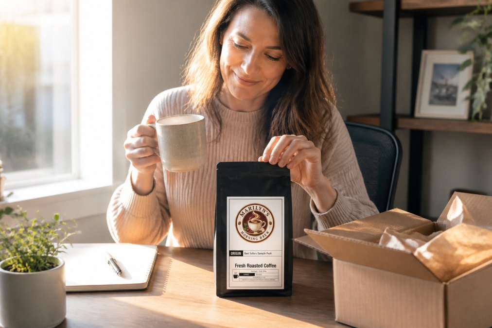 Person sitting at a home desk in warm morning light, holding a ceramic mug of coffee and opening a small kraft paper coffee bag that just arrived in the mail, sunlight coming through a nearby window