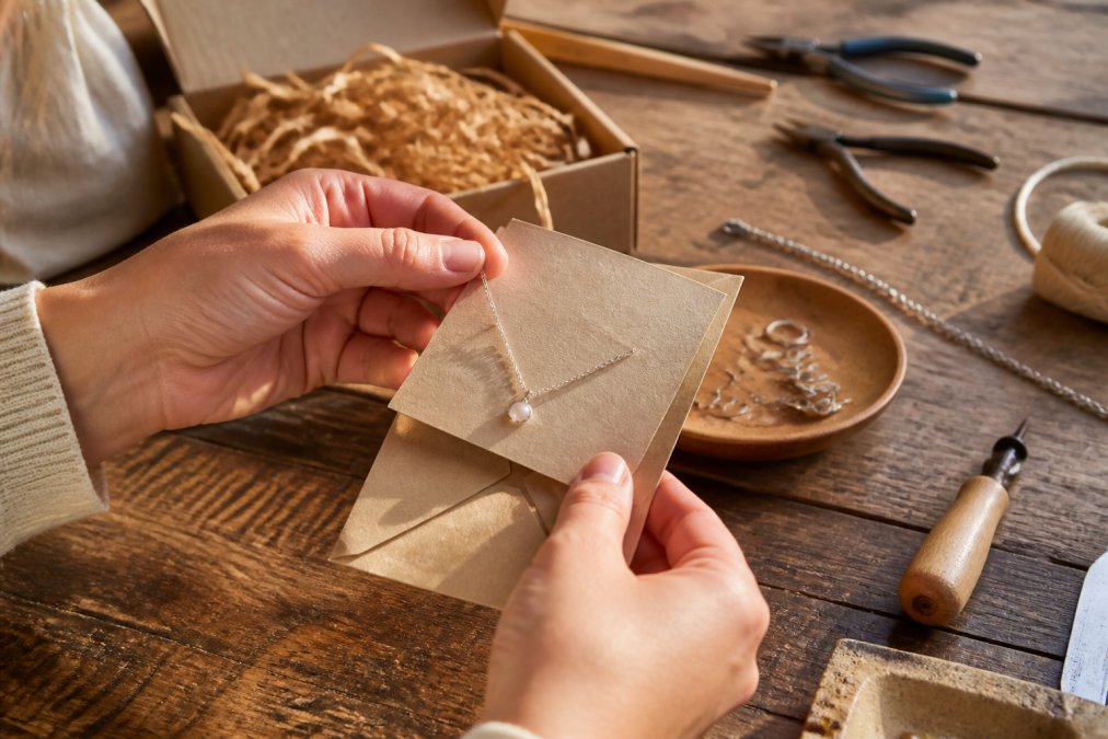 A close-up of hands examining a handcrafted personalized necklace with a small maker's card on a wooden table, warm natural light