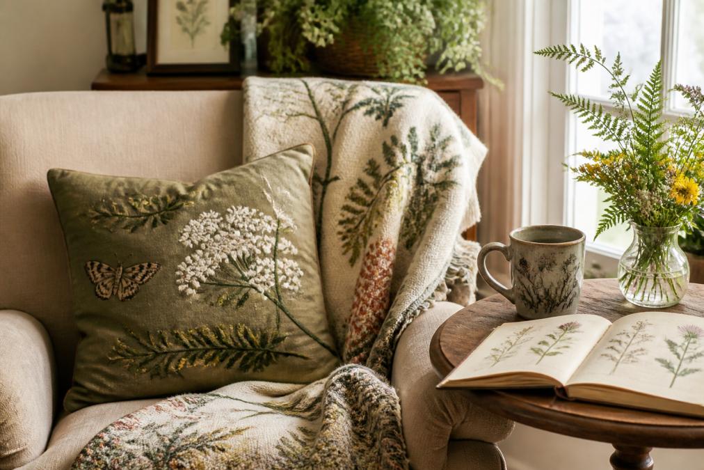 A sunlit living room corner styled with a nature-inspired woven throw blanket draped over an armchair, a botanical faux suede pillow, and a vintage botanical journal on a wooden side table, creating a warm, collected, and personal atmosphere