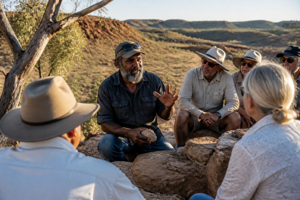 A local guide sharing stories and knowledge with a small group of travellers gathered in an outback or remote setting, genuine engagement and authentic interaction, natural outdoor lighting