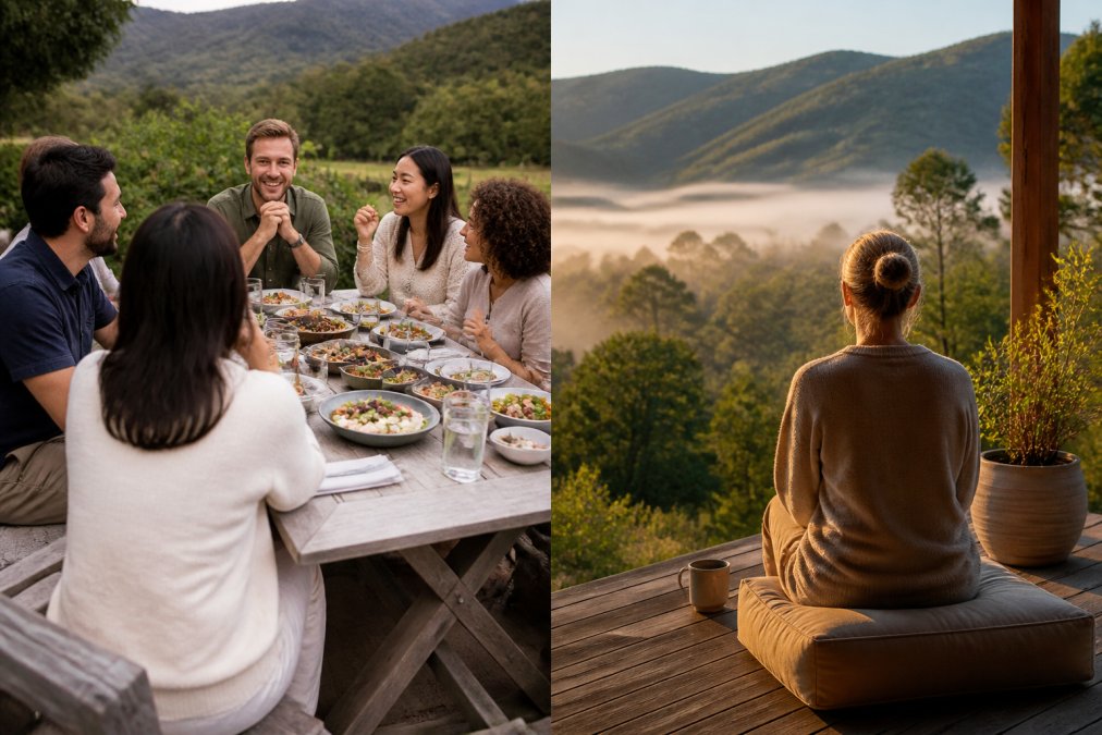A small group of diverse professionals sitting together in a peaceful retreat setting surrounded by natural landscape, engaged in genuine conversation over a meal, showing relaxed body language and authentic connection