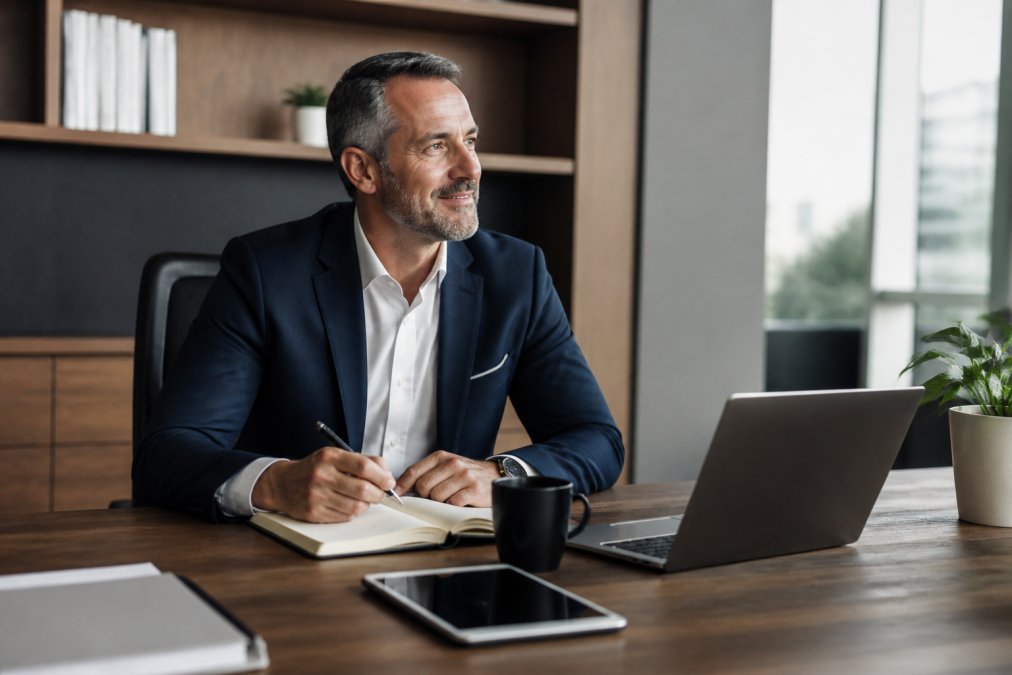 A business professional at their desk in an office environment, appearing calm and focused with a peaceful expression, showing the integration of retreat benefits back into daily work life
