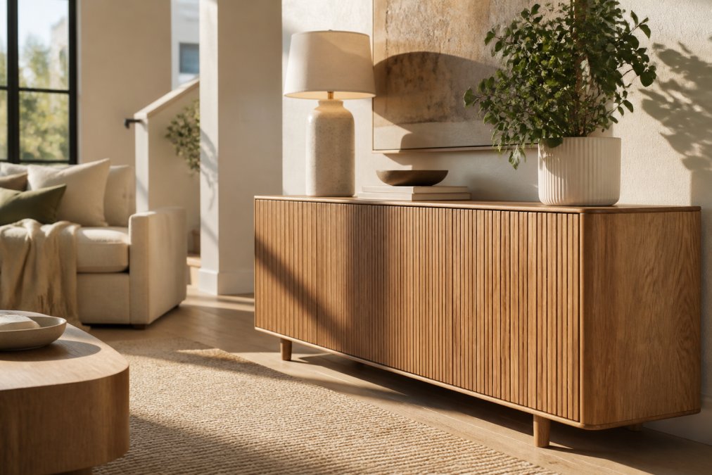 A bright modern living room featuring a solid wood sideboard with visible natural grain and fluted details, styled with neutral textiles and a potted plant, warm afternoon sunlight casting soft shadows