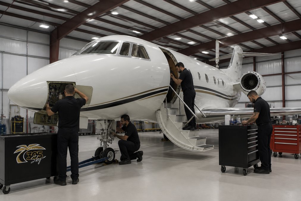 Team of aviation technicians working on a business jet in a hangar, with specialized diagnostic equipment and tools visible, bright overhead lighting illuminating the aircraft