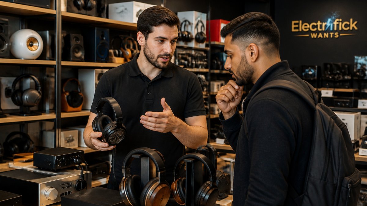 A knowledgeable salesperson in a specialty electronics store demonstrating a high-end audio product to an engaged customer, with shelves of curated gadgets visible in the background