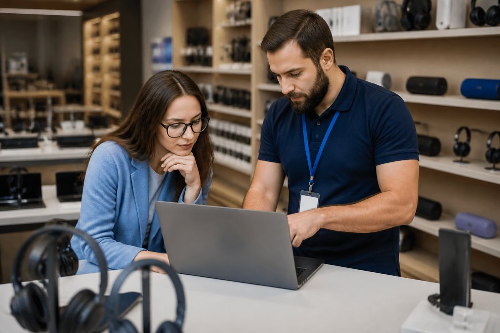 A knowledgeable sales associate in a modern electronics store helping a customer examine a high-end laptop, with various gadgets and devices displayed on clean shelves in the background