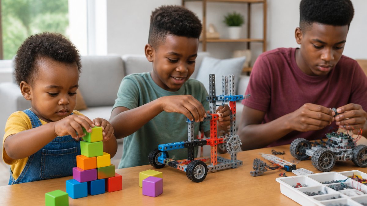 Children of varying ages engaged with different STEM toys, a toddler stacking colourful blocks with concentration, a primary school child building with construction sets, and a teenager working with robotics kit components on a desk