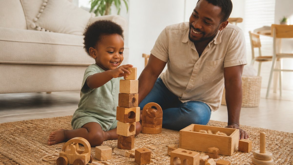 A Nigerian toddler sitting on a woven mat, happily stacking smooth wooden blocks while a parent watches nearby in a bright, tidy living room