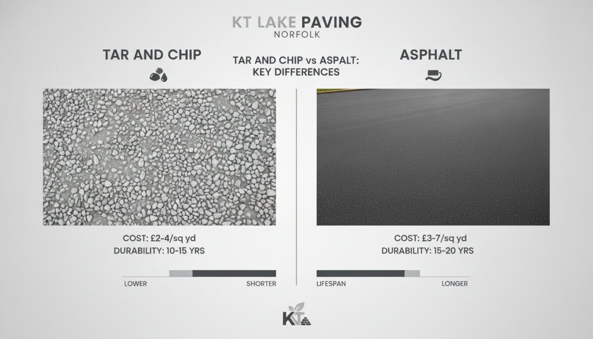 Side-by-side comparison of freshly installed tar and chip driveway surface showing visible aggregate stones and rustic texture next to smooth dark asphalt driveway