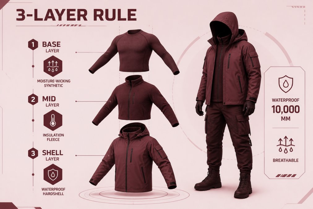 Diagram showing the 3-layer system: base layer (moisture-wicking synthetic), mid layer (insulation fleece), shell layer (waterproof hardshell with 10,000mm rating)