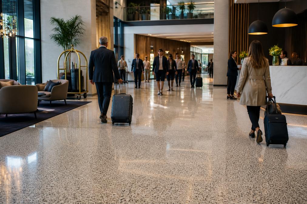 Busy hotel lobby with guests and staff moving across a polished terrazzo floor showing seamless reflective surface and ambient lighting