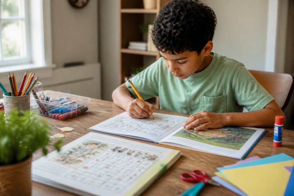 Child at a desk with activity books, colored pencils, and craft supplies spread out, actively coloring and solving puzzles from an adventure book with focused concentration