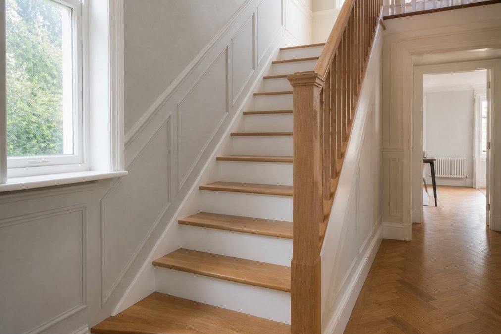 A newly renovated solid oak staircase in a bright period home, showing natural grain treads, painted risers and a simple timber balustrade, with soft daylight from a nearby window