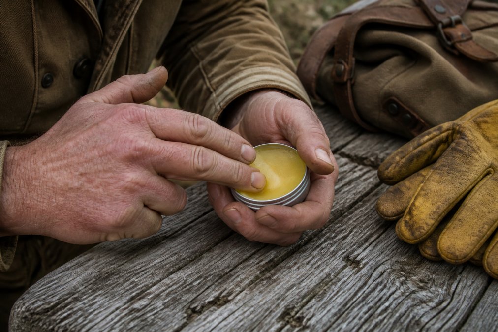 Weathered hands applying a natural beeswax salve from a tin while sitting by work gear on a wooden bench