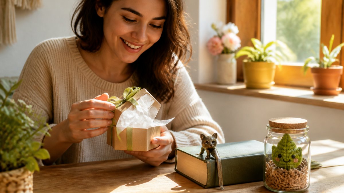 Person unwrapping a gift with a handmade bookmark and plushie on a table in sunlight