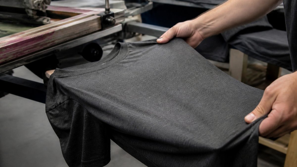 Close-up of a screen-printed t-shirt being inspected in a bright print shop, with a printer's hands checking the ink coverage on a charcoal grey tee