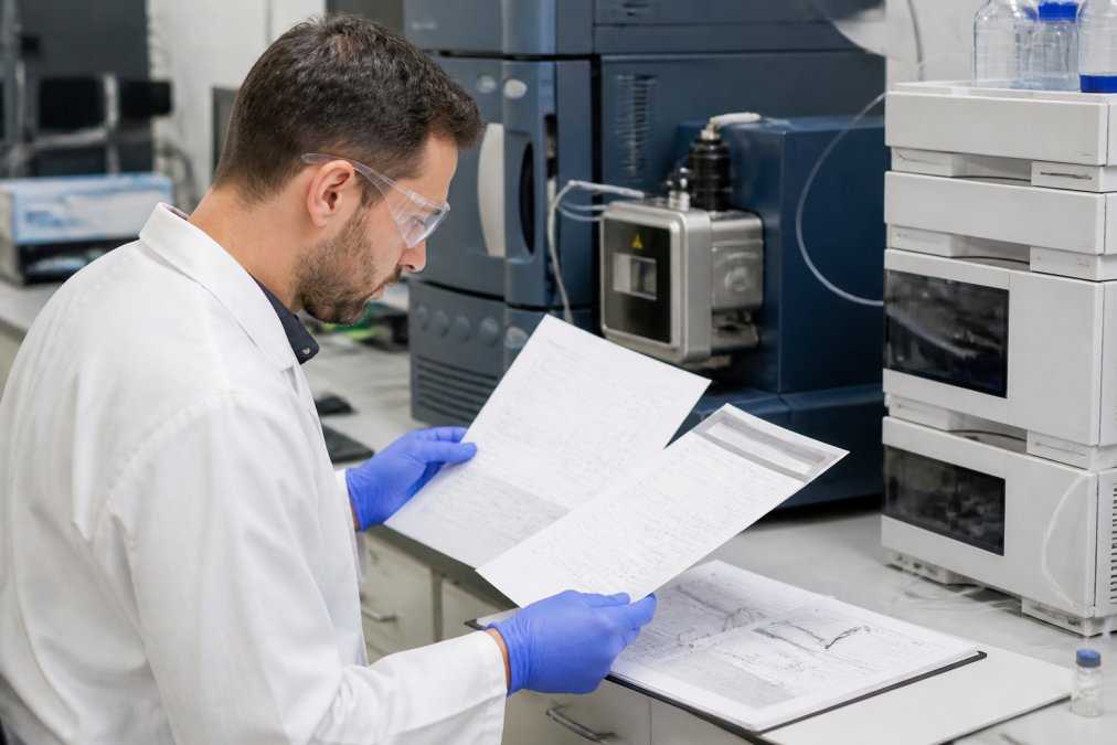 Professional laboratory technician examining analytical reports and data printouts at a workstation with HPLC and mass spectrometry equipment visible in the background, natural laboratory lighting