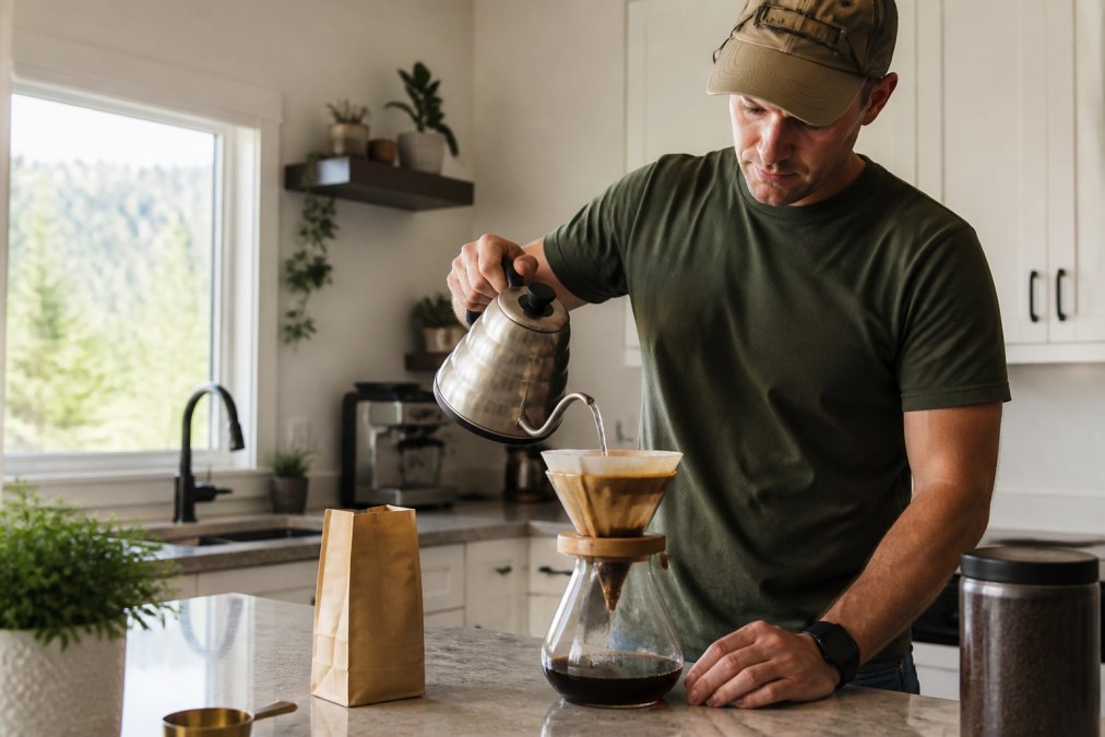 A person in casual attire pouring hot water from a kettle over a pour-over coffee brewer in a bright, modern kitchen, with a bag of coffee beans nearby