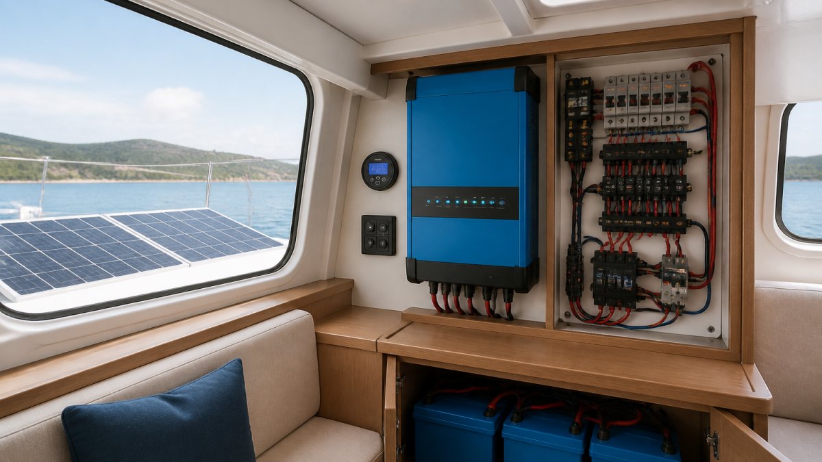 Modern boat cabin interior showing a Victron inverter/charger mounted on the wall with battery monitor display, LED status indicators glowing, solar panels visible through the cabin window, and a well-organized electrical panel with color-coded wiring