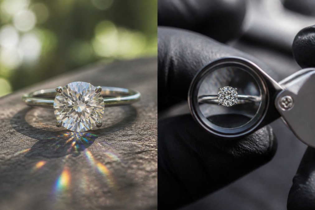 Close-up of a VVS1 moissanite solitaire ring catching natural light, displaying brilliant rainbow fire and crystal-clear facets with no visible inclusions under magnification