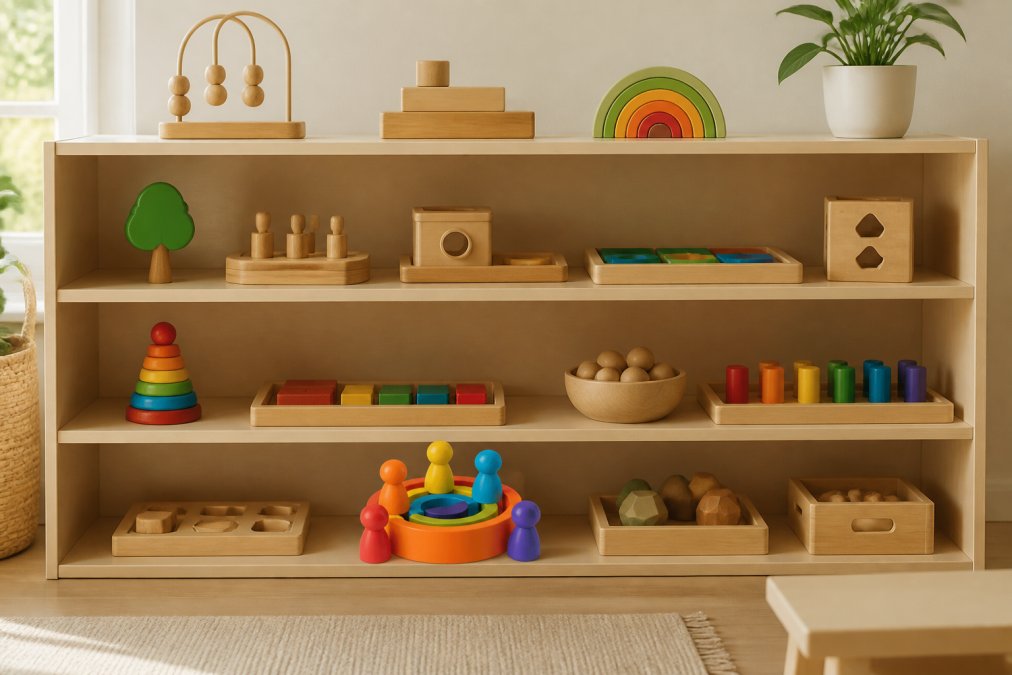 Minimalist, organized playroom shelf with wooden toys including rainbow stacking rings, geometric puzzles, and natural material toys displayed at child's eye level, soft natural lighting from nearby window