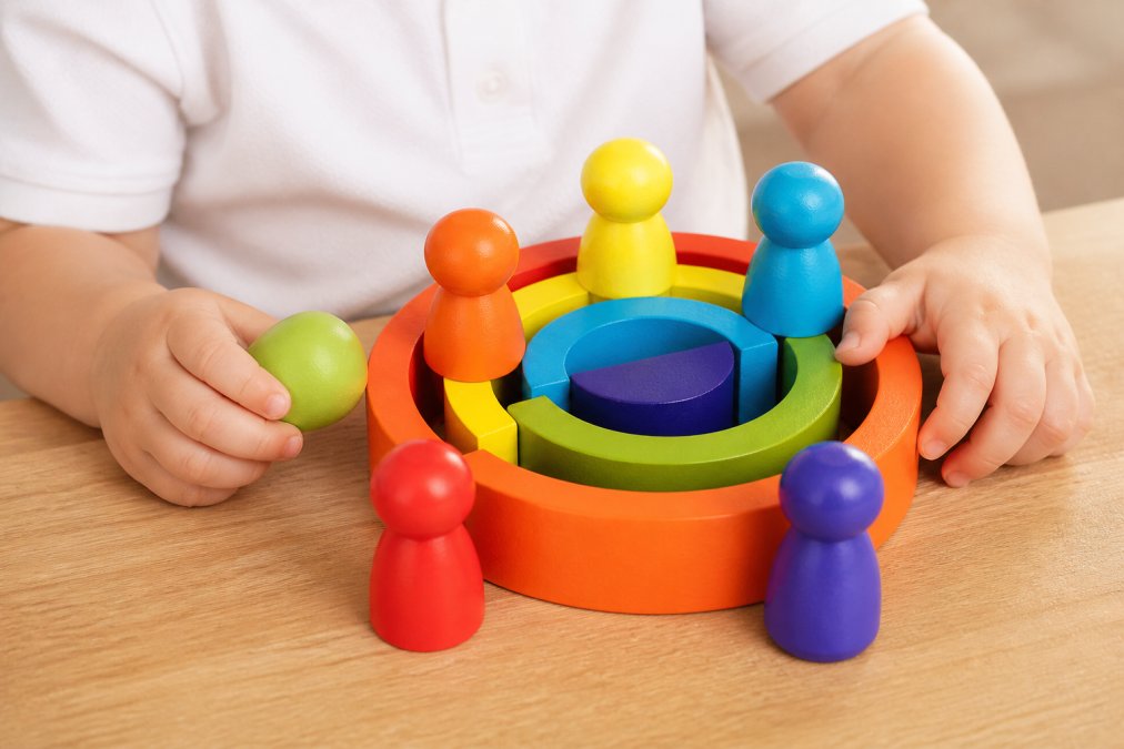 Toddler's hands holding smooth wooden stacking blocks and rainbow rings, close-up showing natural wood grain texture, warm natural lighting highlighting the tactile quality of the wood