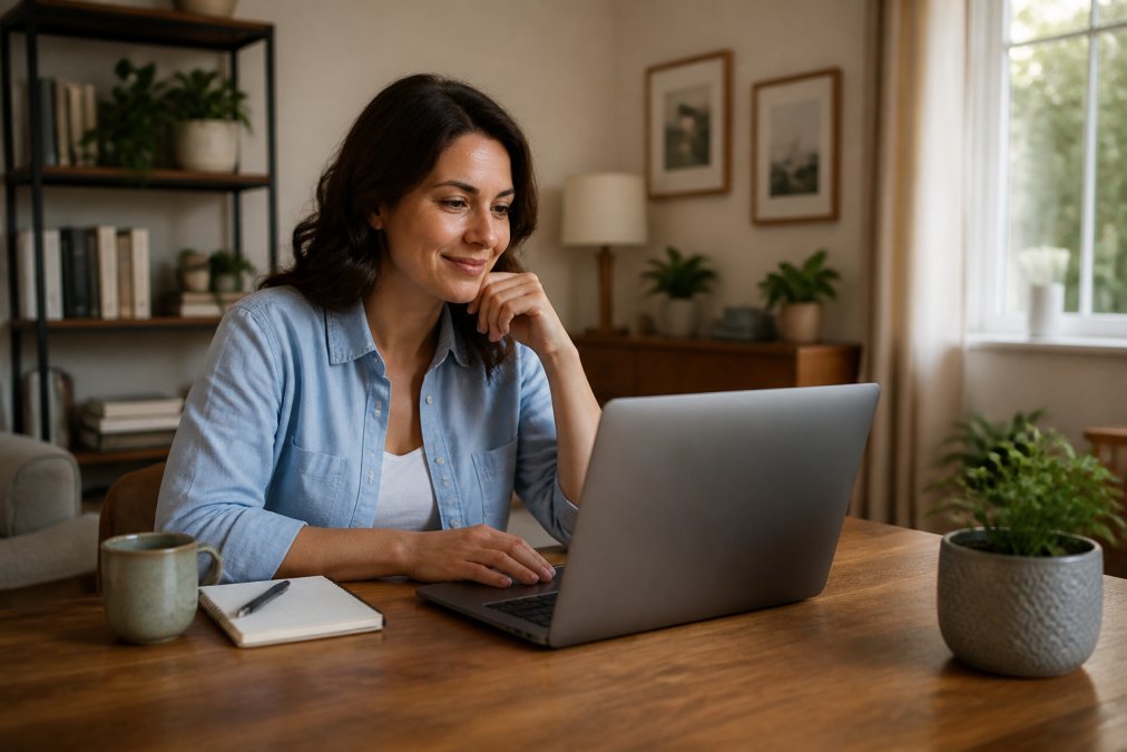 Small business owner sitting at a desk reviewing their professional website on a laptop, with a notepad and coffee nearby in a warm, organized home office