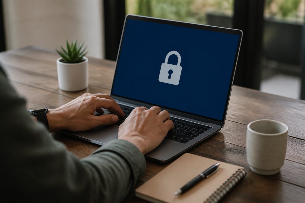Close-up of hands typing on a laptop with a padlock icon visible on the screen, suggesting website security and SSL certificate setup