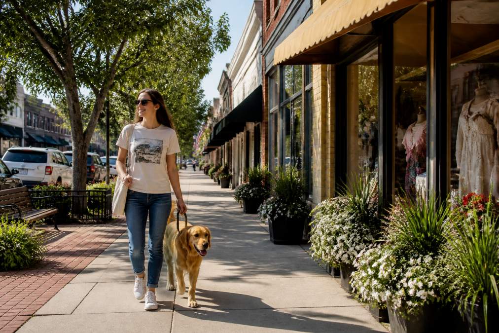 A woman in a casual graphic t-shirt walking her dog past a row of independent storefronts on a sunny small-town main street, warm natural light