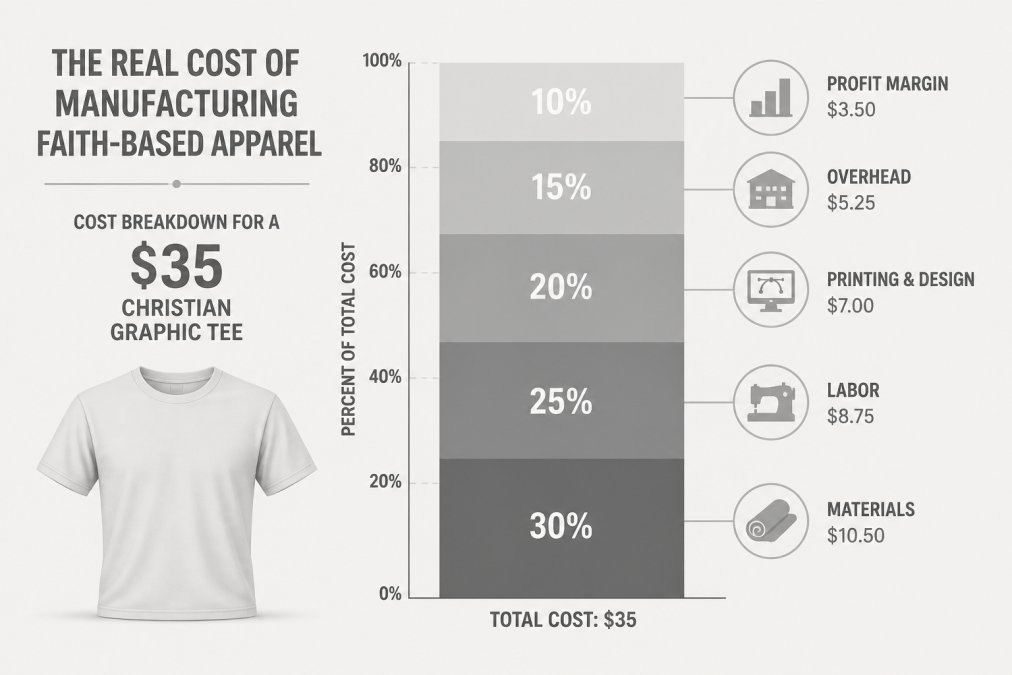 Stacked bar chart showing cost breakdown for a $35 Christian graphic tee: materials 30%, labor 25%, printing and design 20%, overhead 15%, profit margin 10%