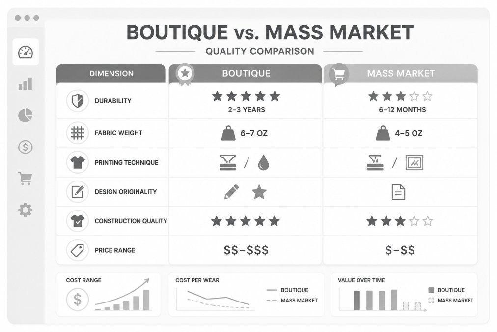 Comparison matrix showing Boutique apparel vs. Mass-market apparel across six dimensions: durability (boutique: excellent longevity 2-3 years, mass-market: moderate 6-12 months), fabric weight (boutique: 6-7 oz ring-spun cotton, mass-market: 4-5 oz standard blend), printing technique (boutique: screen printing or direct-to-garment, mass-market: heat transfer or low-quality screen), design originality (boutique: custom hand-drawn designs, mass-market: stock graphics), labor practices (boutique: fair wages and safe conditions, mass-market: cost-minimized), and longevity (boutique: holds color and shape, mass-market: fades and shrinks)
