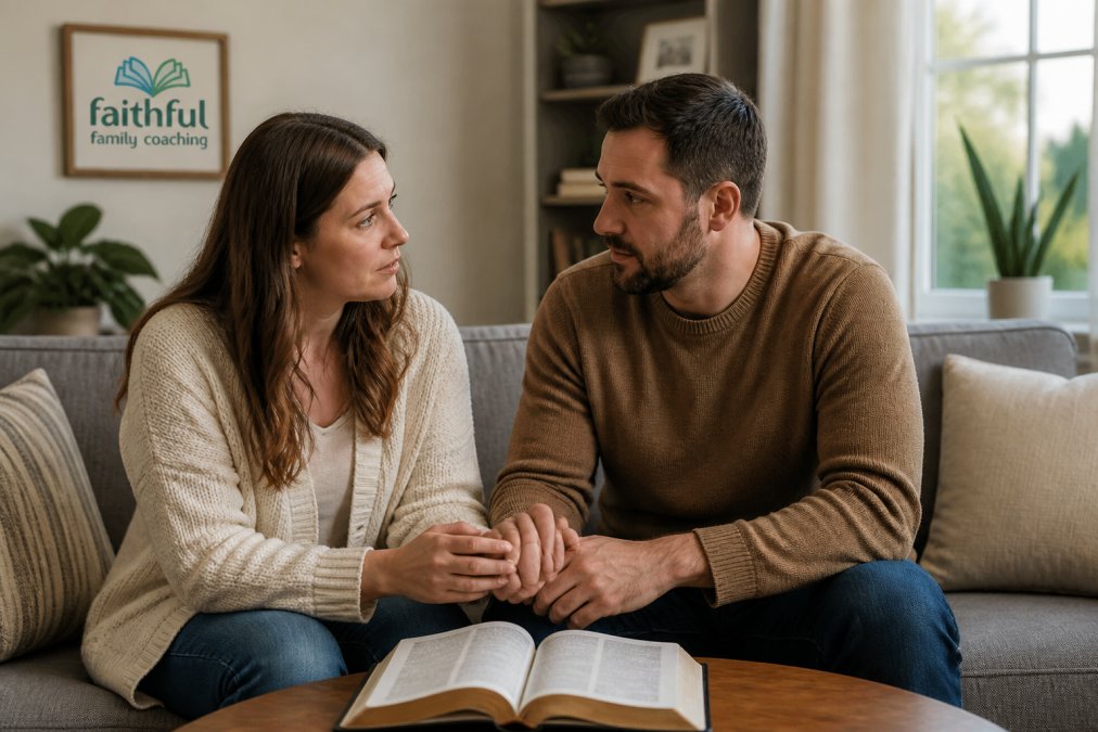 A Christian couple sitting on a couch with a Bible open between them, looking at each other with concern and compassion, soft natural light in a living room