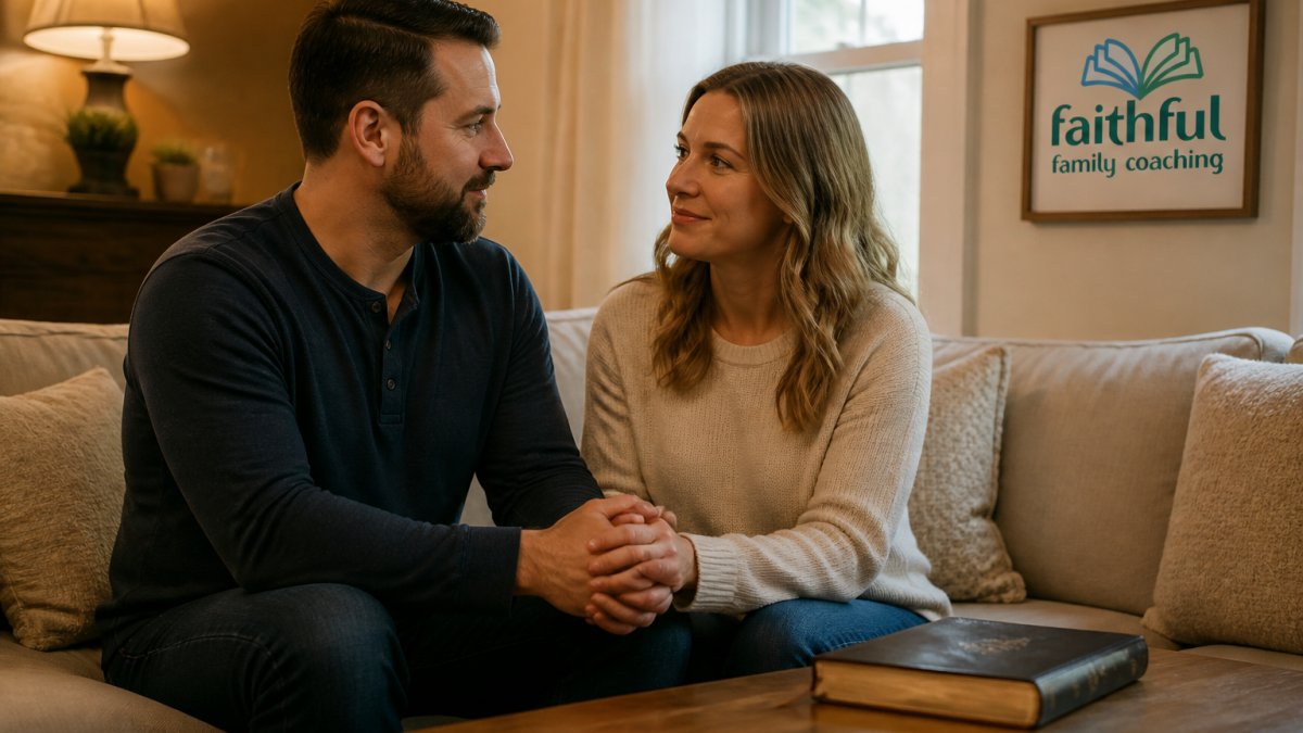 A husband and wife sitting together on a couch in a warm, softly lit living room, holding hands and looking at each other with understanding, a Bible resting on the coffee table beside them