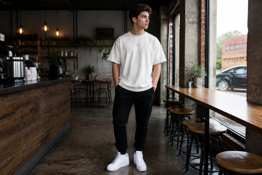 Young adult wearing a bold faith-inspired graphic tee styled with neutral streetwear pieces like black joggers and white sneakers, standing confidently in a casual urban coffee shop setting with natural window lighting