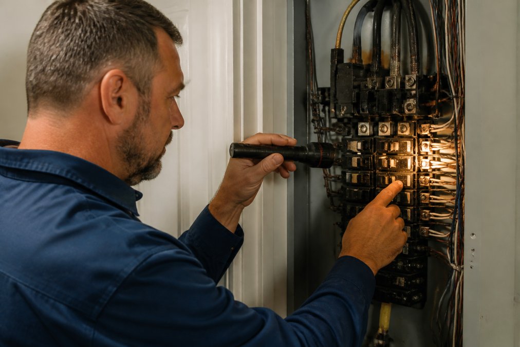 Licensed electrician in a work shirt inspecting a residential service panel with a flashlight, examining individual breakers up close for signs of burn marks or heat damage, interior panel lighting visible