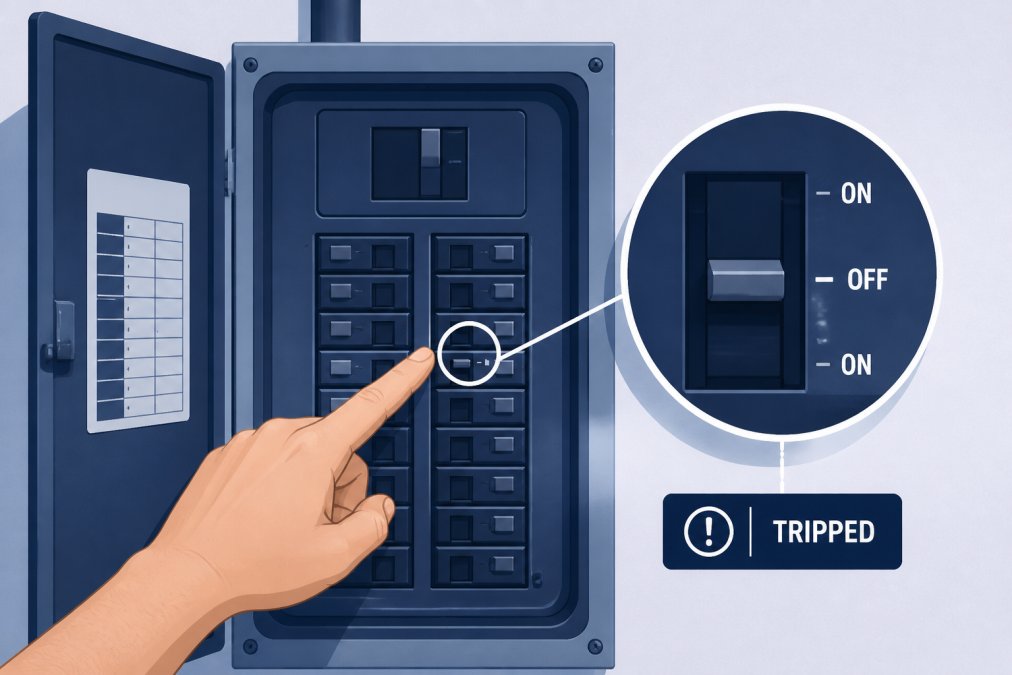 Close-up of a homeowner's hand pointing to a tripped breaker in a residential electrical panel, breaker box open and clearly lit from above, showing the breaker toggle in the middle off position