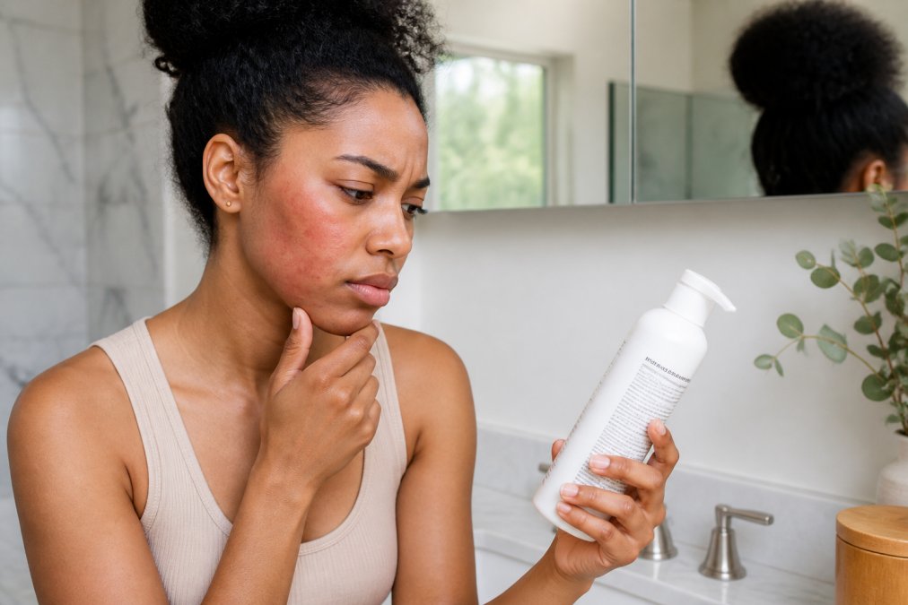 A close-up of a woman with sensitive skin examining a skincare product label in a well-lit bathroom, looking concerned while reading the ingredient list