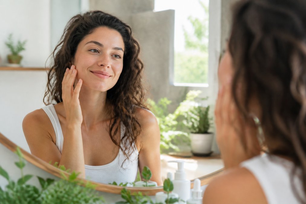 A woman with radiant, healthy skin gently touching her cheek while looking into a mirror in a bright, naturally lit bathroom with green plants on the counter