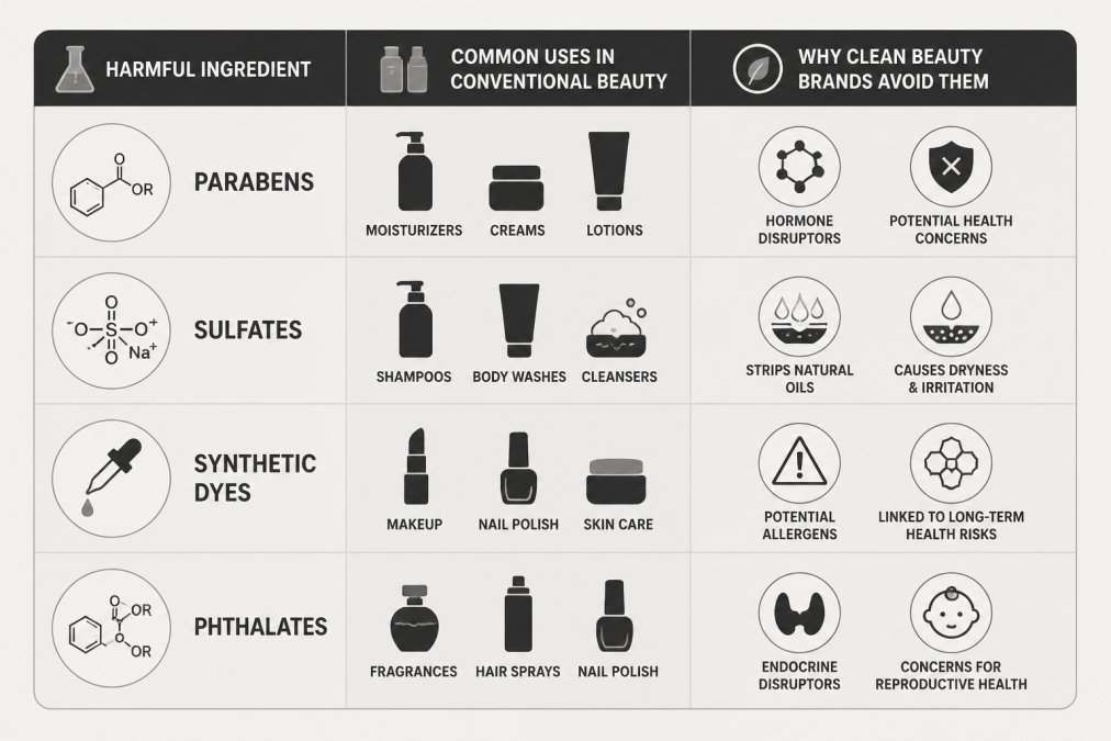 Comparison matrix showing harmful ingredients (parabens, sulfates, synthetic dyes, phthalates), their common uses in conventional beauty, and why clean beauty brands avoid them