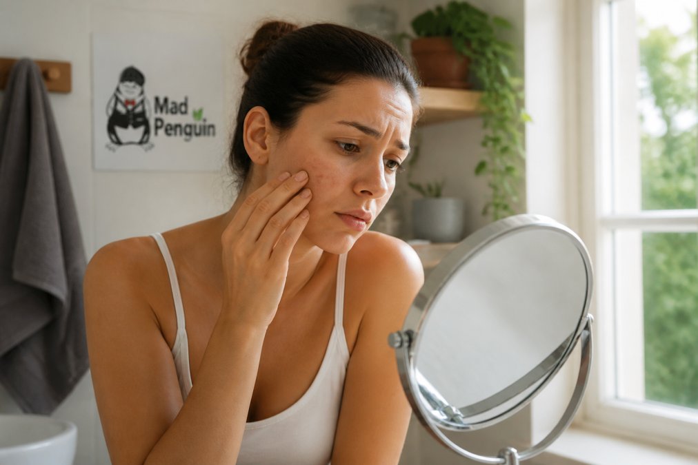 Person examining their skin closely in mirror, looking concerned, natural bathroom lighting with soft morning light through window, checking for blemishes and texture changes on cheek