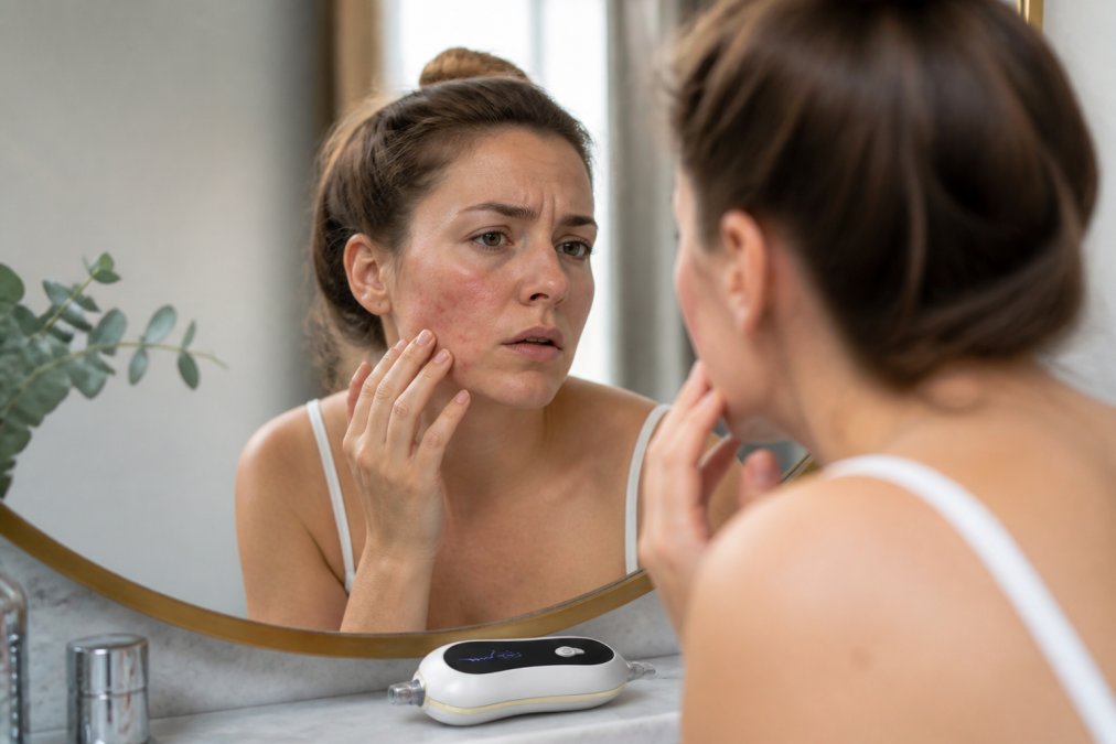 Person looking in a mirror examining their face for skin irritation, showing concern, with natural bathroom lighting