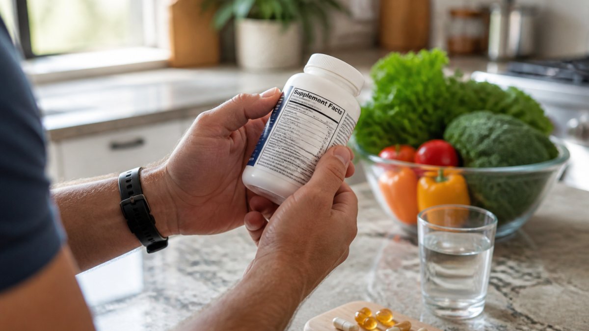 Close-up of a person's hands holding a supplement bottle, turning it to read the Supplement Facts panel in a bright kitchen with natural light