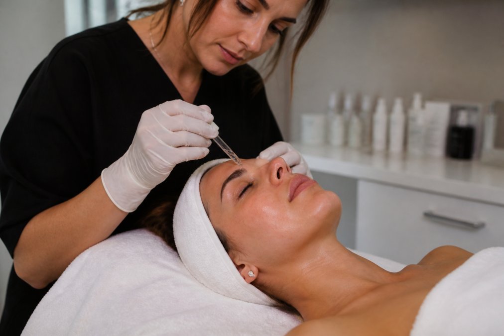 Close-up of an esthetician's gloved hands applying a serum to a woman's face during a professional facial treatment in a clean, modern clinic with soft lighting