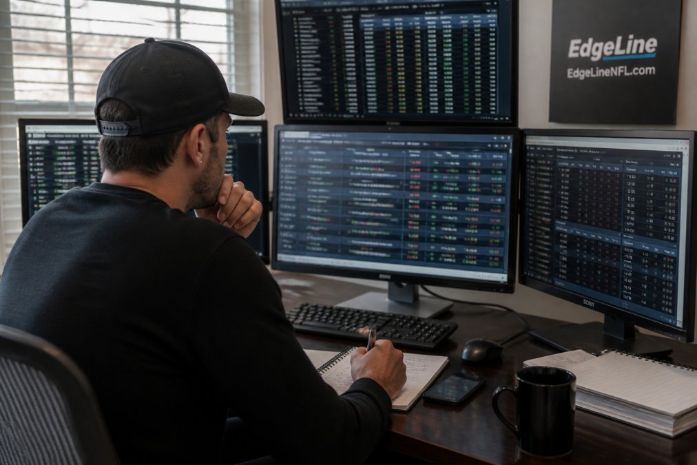 Professional sports bettor analyzing multiple sportsbook screens on desk showing live odds and line movement data, with notebook and coffee, natural office lighting focused on screens