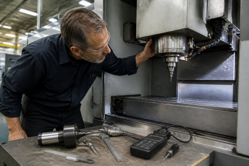 A factory-trained technician in safety glasses closely inspecting the spindle housing of a CNC machining center on the shop floor, with diagnostic tools, calipers, and a vibration meter laid out on a nearby workbench under bright overhead fluorescent lighting