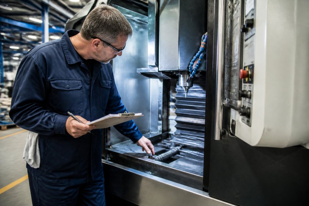A maintenance technician holding a clipboard and pen, performing a scheduled inspection on a CNC machine in a well-lit manufacturing facility, checking lubrication points on the machine's axis covers while the control panel displays normal operating status