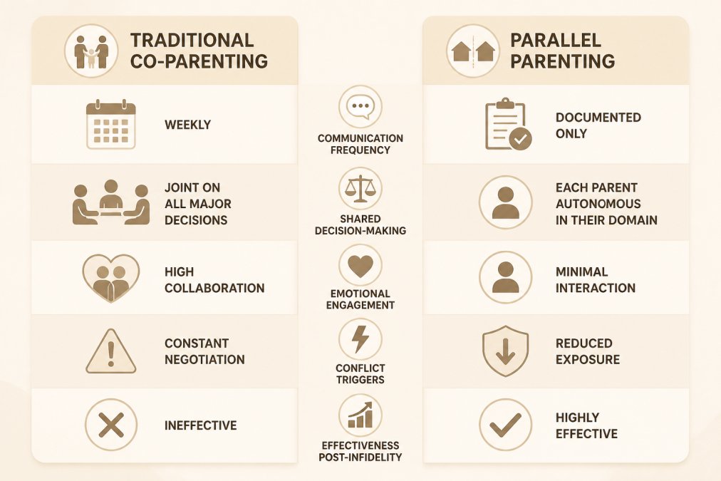Comparison matrix showing traditional co-parenting vs parallel parenting across five dimensions: communication frequency (weekly vs. documented only), shared decision-making (joint on all major decisions vs. each parent autonomous in their domain), emotional engagement (high collaboration vs. minimal interaction), conflict triggers (constant negotiation vs. reduced exposure), and effectiveness post-infidelity (ineffective vs. highly effective)