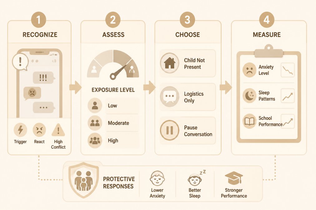Flowchart for identifying high-conflict moments and choosing protective responses: Recognize conflict trigger → Assess child's exposure level → Choose neutral communication path (child not present, use logistics-only language, or pause conversation) → Measure emotional safety outcomes (child's anxiety level, sleep patterns, school performance)