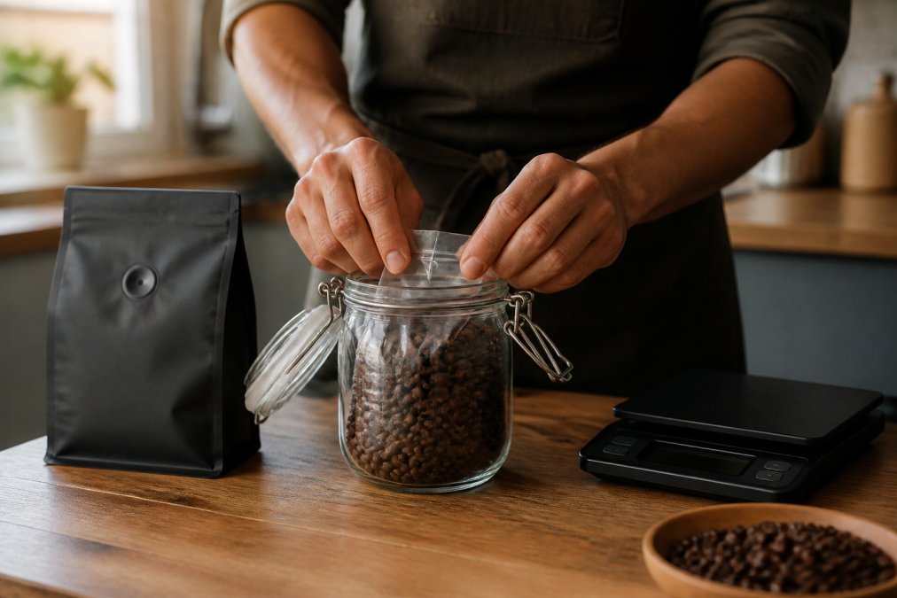 Person sealing coffee beans in an airtight container to prevent them from losing flavor while stored on a counter.