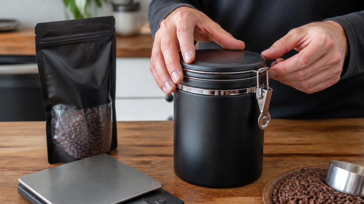 A close-up of hands sealing whole roasted coffee beans into an opaque airtight canister on a kitchen counter, with a bag of beans and a digital scale nearby